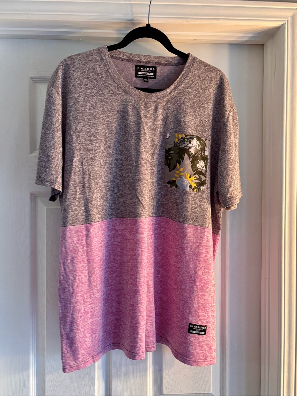 Classified Gray and Pink Colorblock Short Sleeve Tee with Floral Pocket
